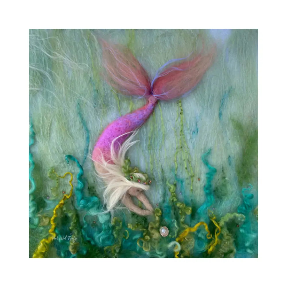 Artistic depiction of a mermaid with a pink tail and blonde hair, surrounded by green and blue underwater elements.