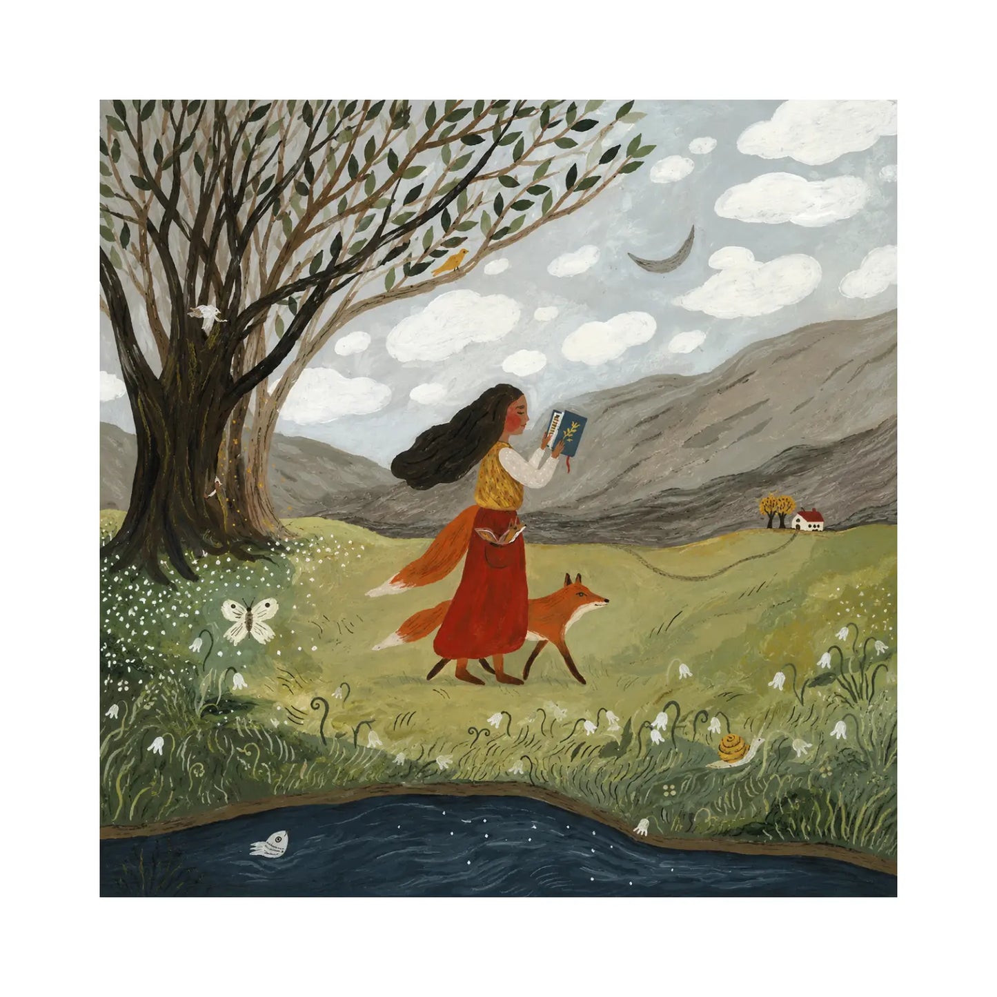 Tijana Draws Out of the Forest Silhouette with a reader foxes mountains wildflowers and stream
