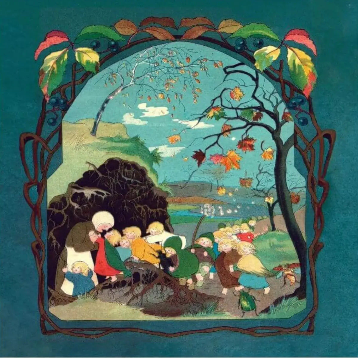 Toverlux autumn scene from The Story of the Root Children showing Mother Earth welcoming the children back underground