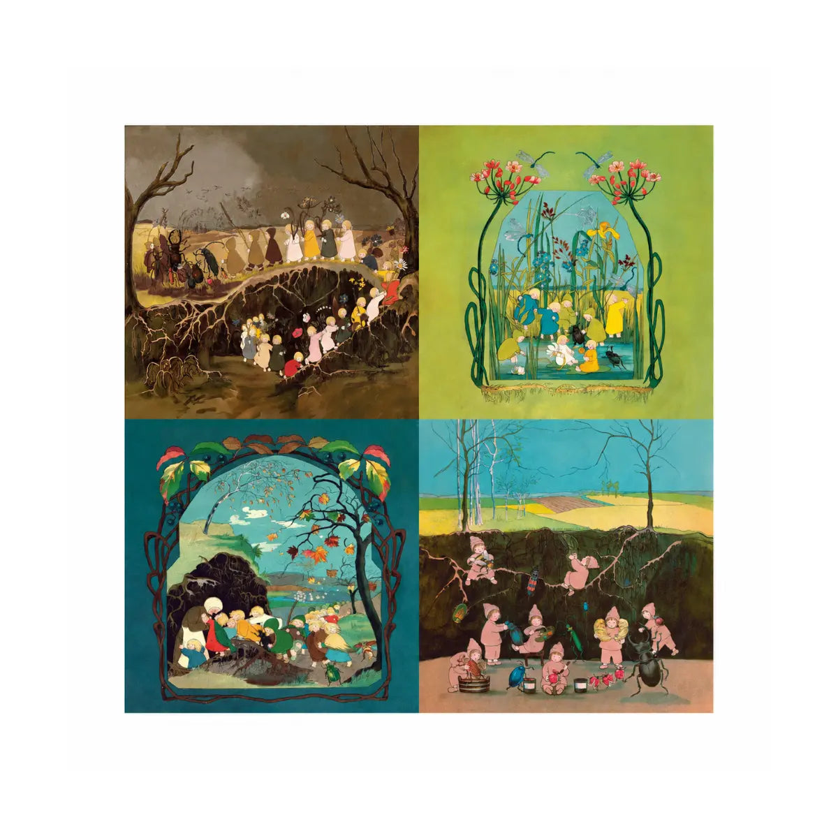 Set of four Toverlux scenes from The Story of the Root Children showing spring, summer, autumn, and winter illustrations by Sibylle von Olfers
