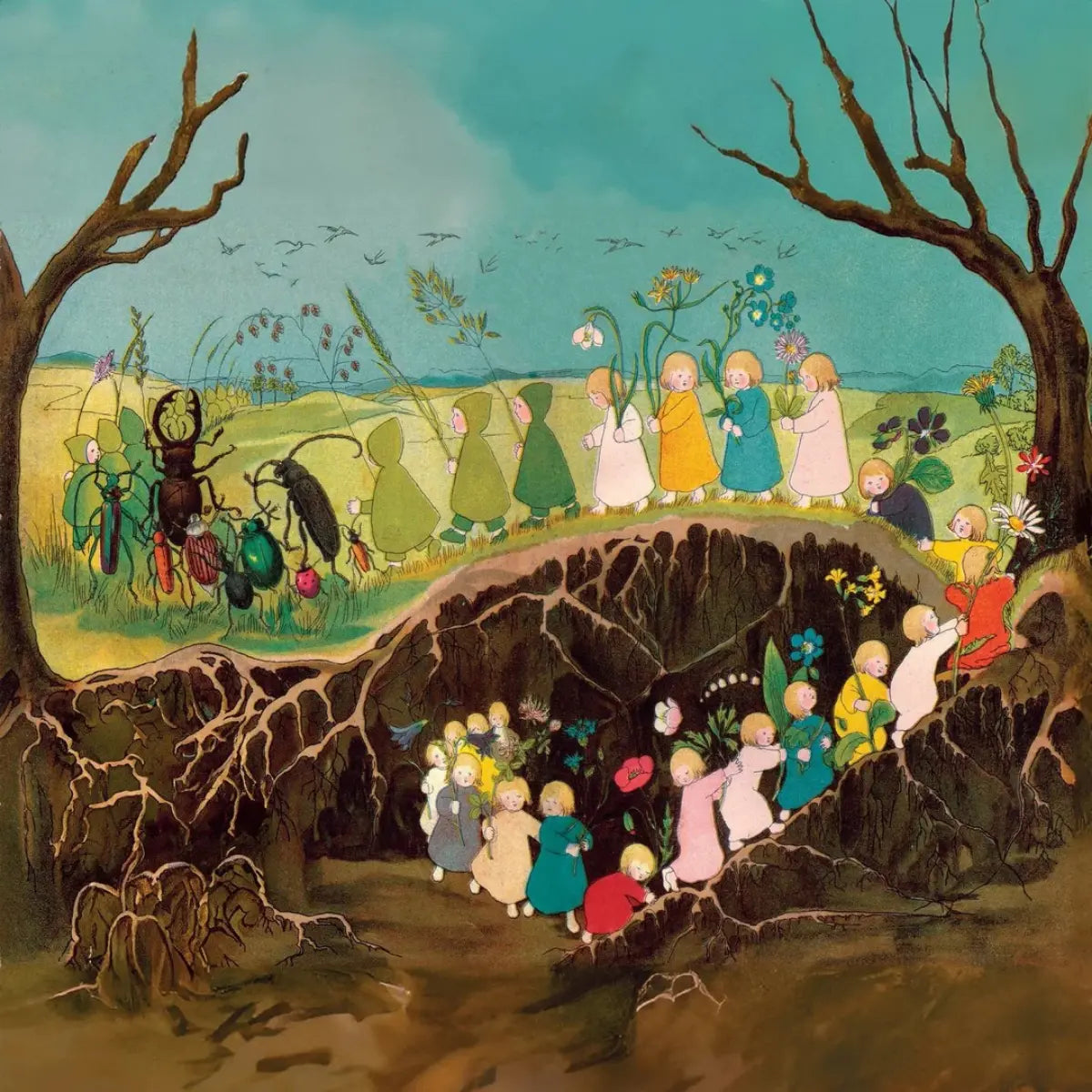 Toverlux spring scene from The Story of the Root Children showing the children emerging from beneath the earth with flowers and beetles
