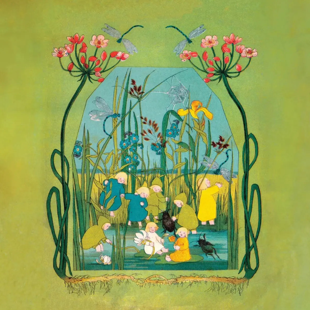 Toverlux summer scene from The Story of the Root Children showing children among flowers, butterflies, and dragonflies