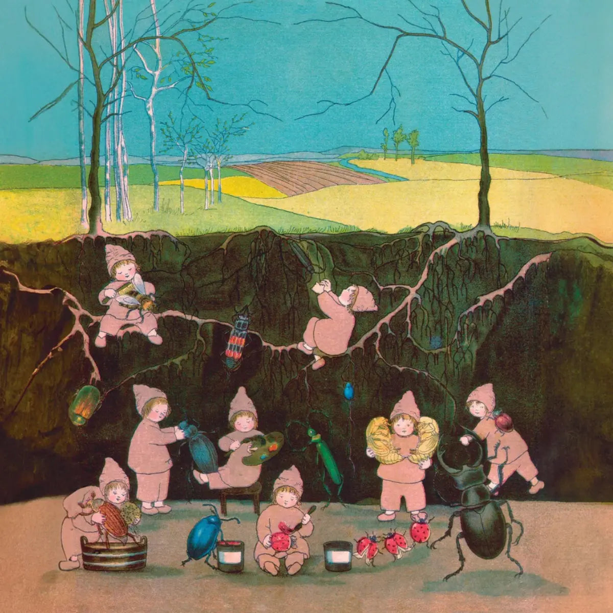 Toverlux winter scene from The Story of the Root Children showing children underground preparing beetles and ladybirds for spring