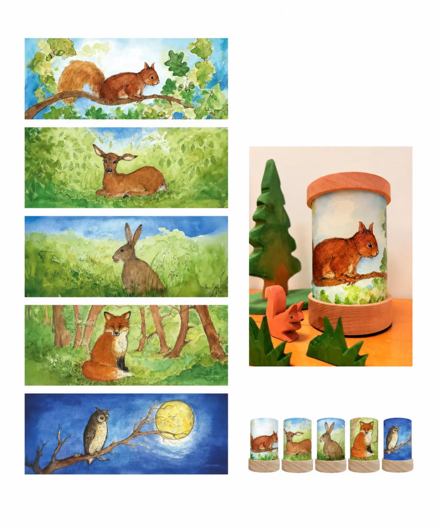 Five Toverlux Forest Animals shades with woodland artwork and Lantern display