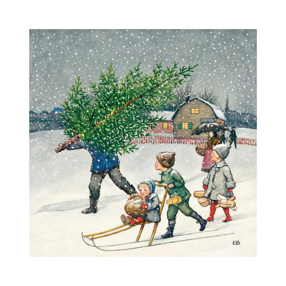 A Toverlux silhouette scene of a family and a Christmas tree in the snow from Elsa Beskow's Around the Year Book