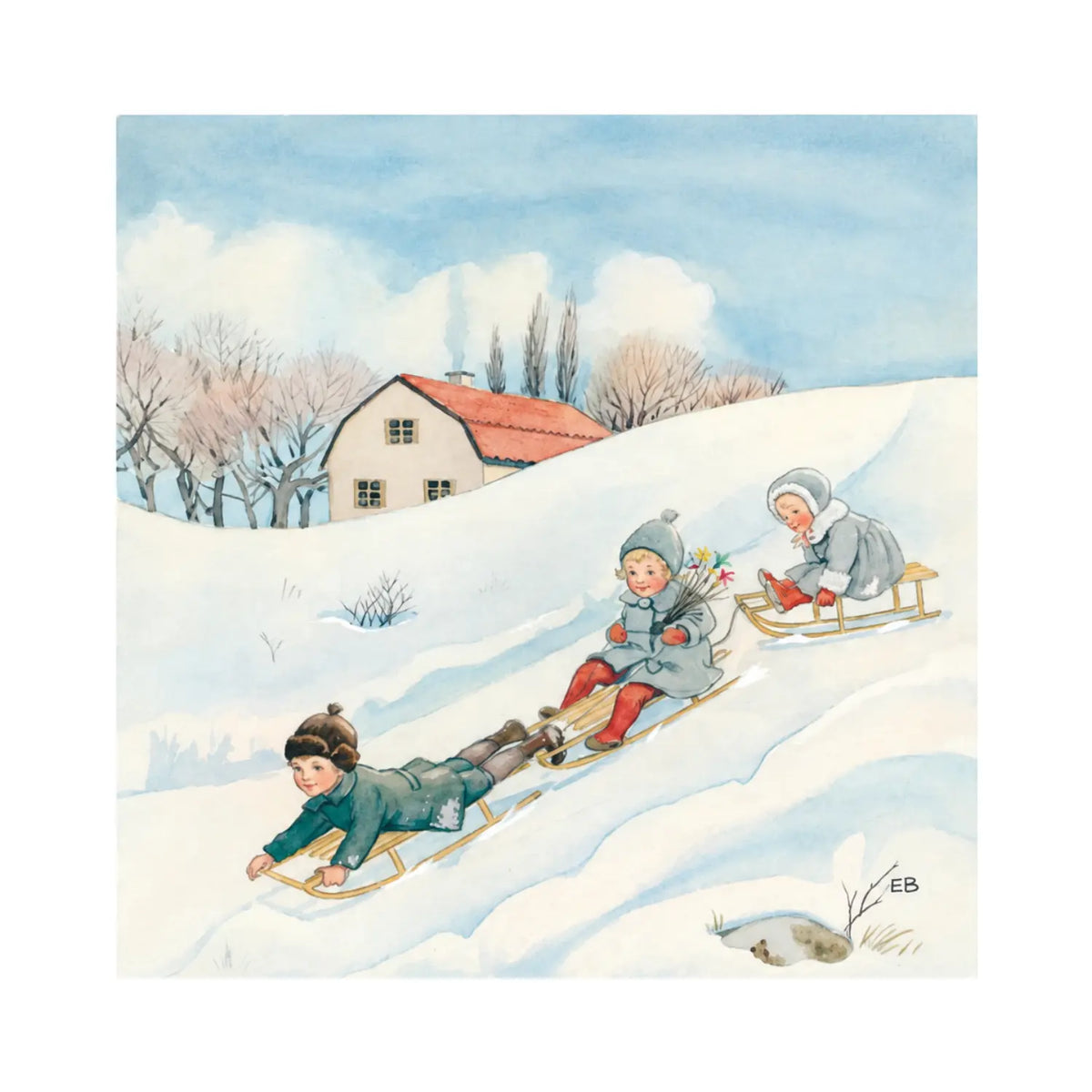 Toverlux silhouette lamp plate illustraton of children snow sledding by Elsa Beskow from February in Around the Year