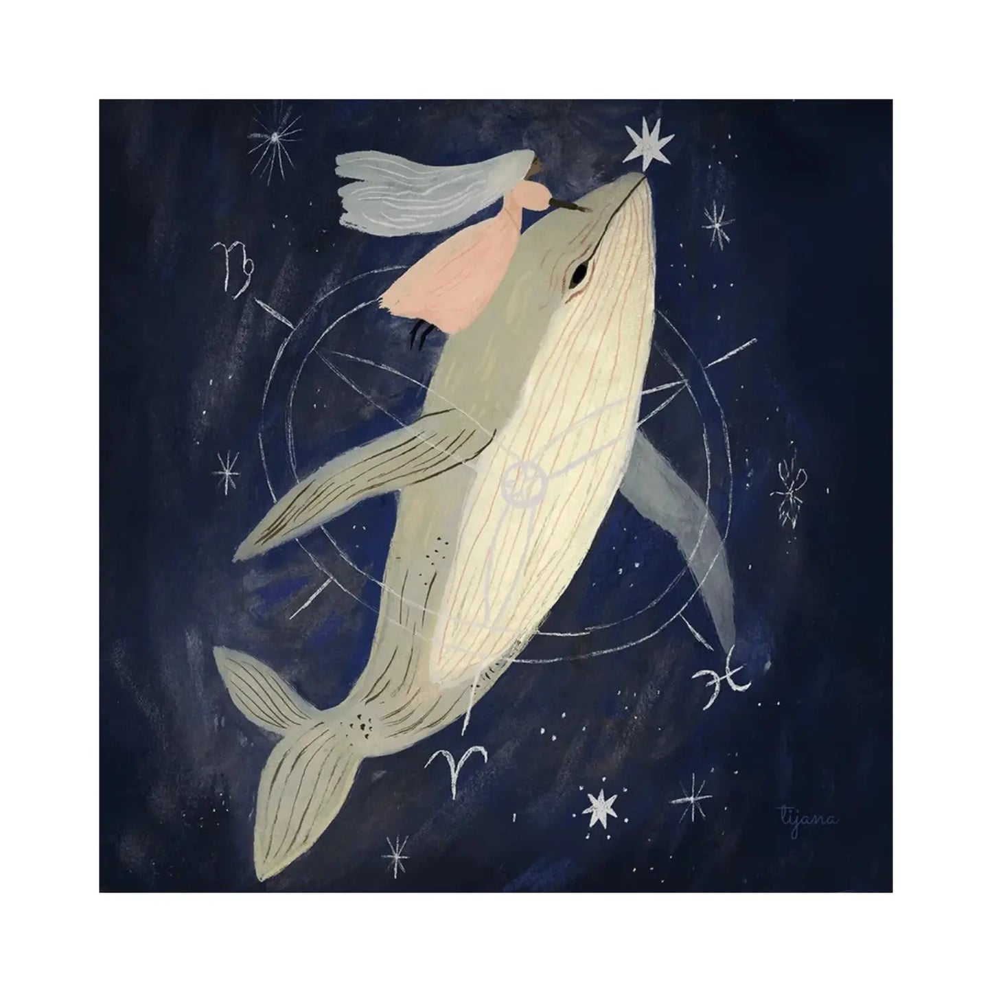 Tijana Draws Whale Silhouette with a whale traveler stars and celestial markings