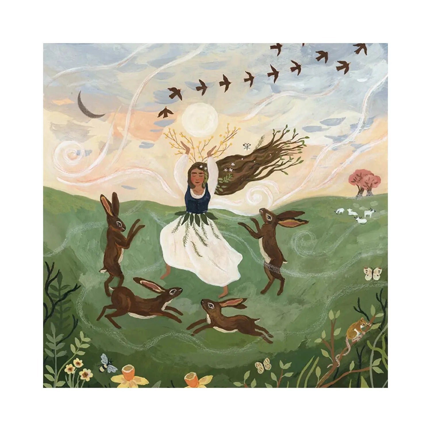 Tijana Draws Dancing With Hares Silhouette with a woman dancing among hares birds and spring flowers