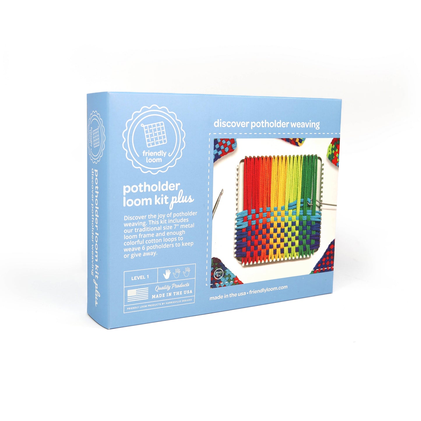Traditional 7 inch Potholder Loom Plus by Friendly Loom box with metal loom and colorful cotton loops