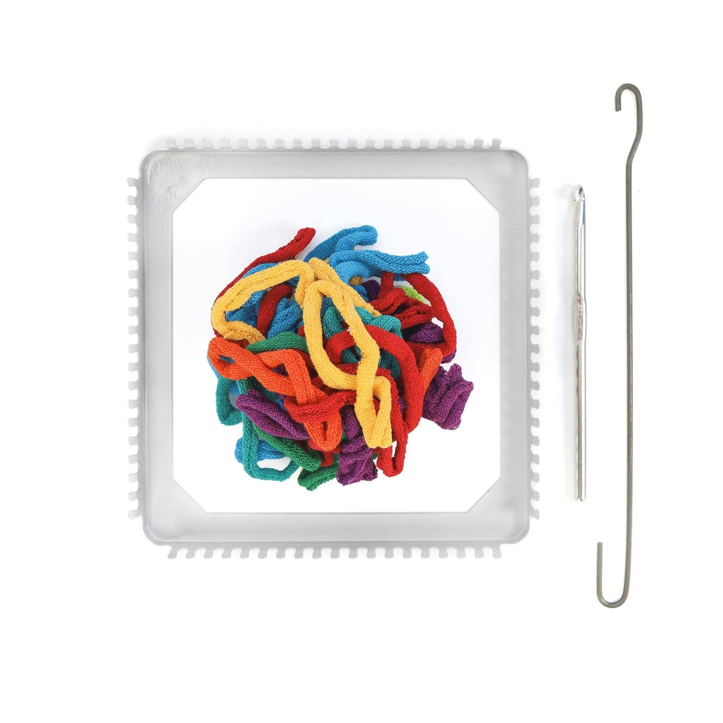 Traditional potholder loom with metal weaving hooks and multicolored cotton loops for making potholders