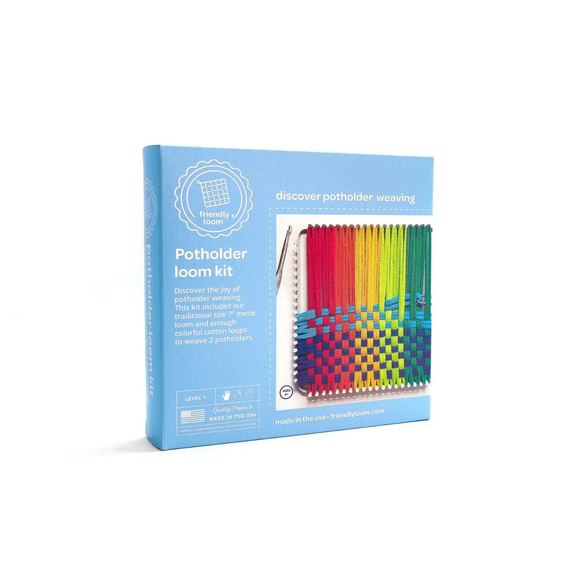 Friendly Loom Potholder Loom Kit box showing a rainbow potholder being woven on a 7-inch metal loom