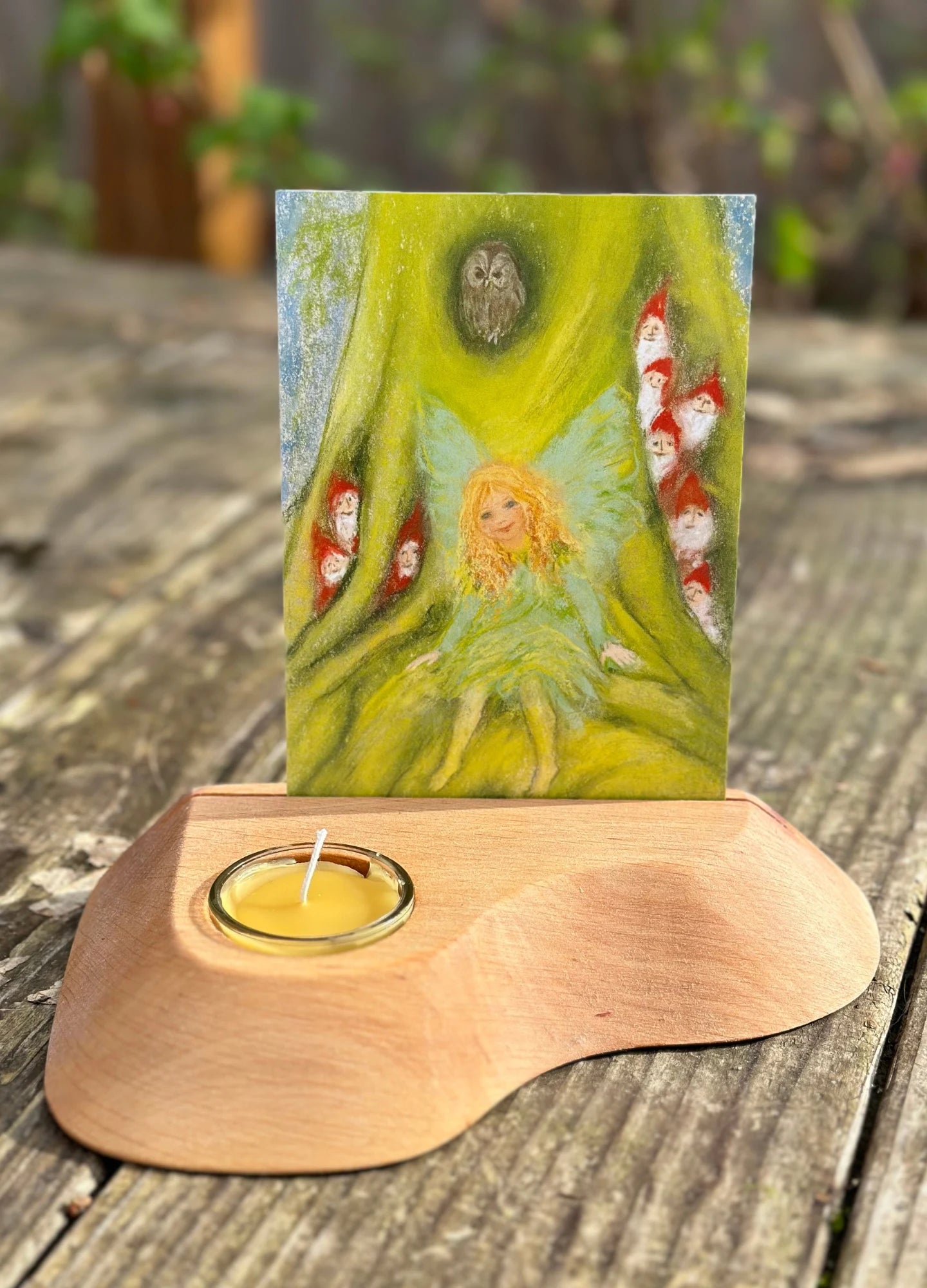Tree fairy and gnome Waldorf postcard in a postcard holder