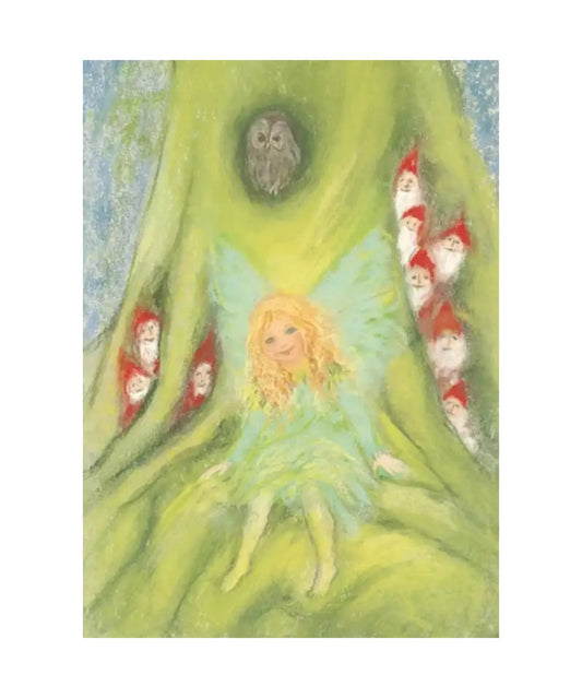 Illustration of a fairy surrounded by small creatures in a forest setting