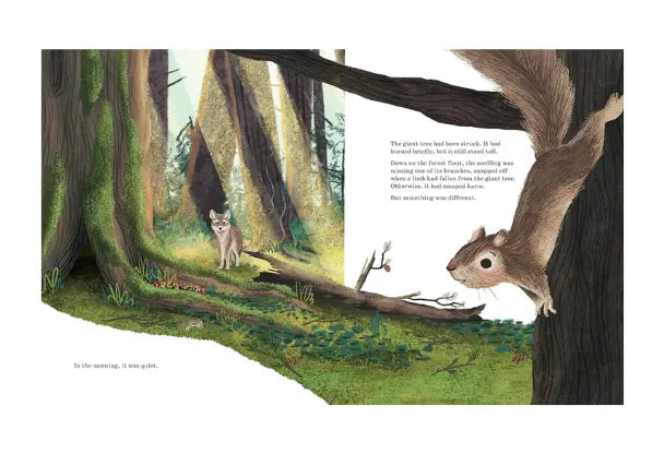 Illustration of a squirrel and a coyote in a forest setting with text on a white background