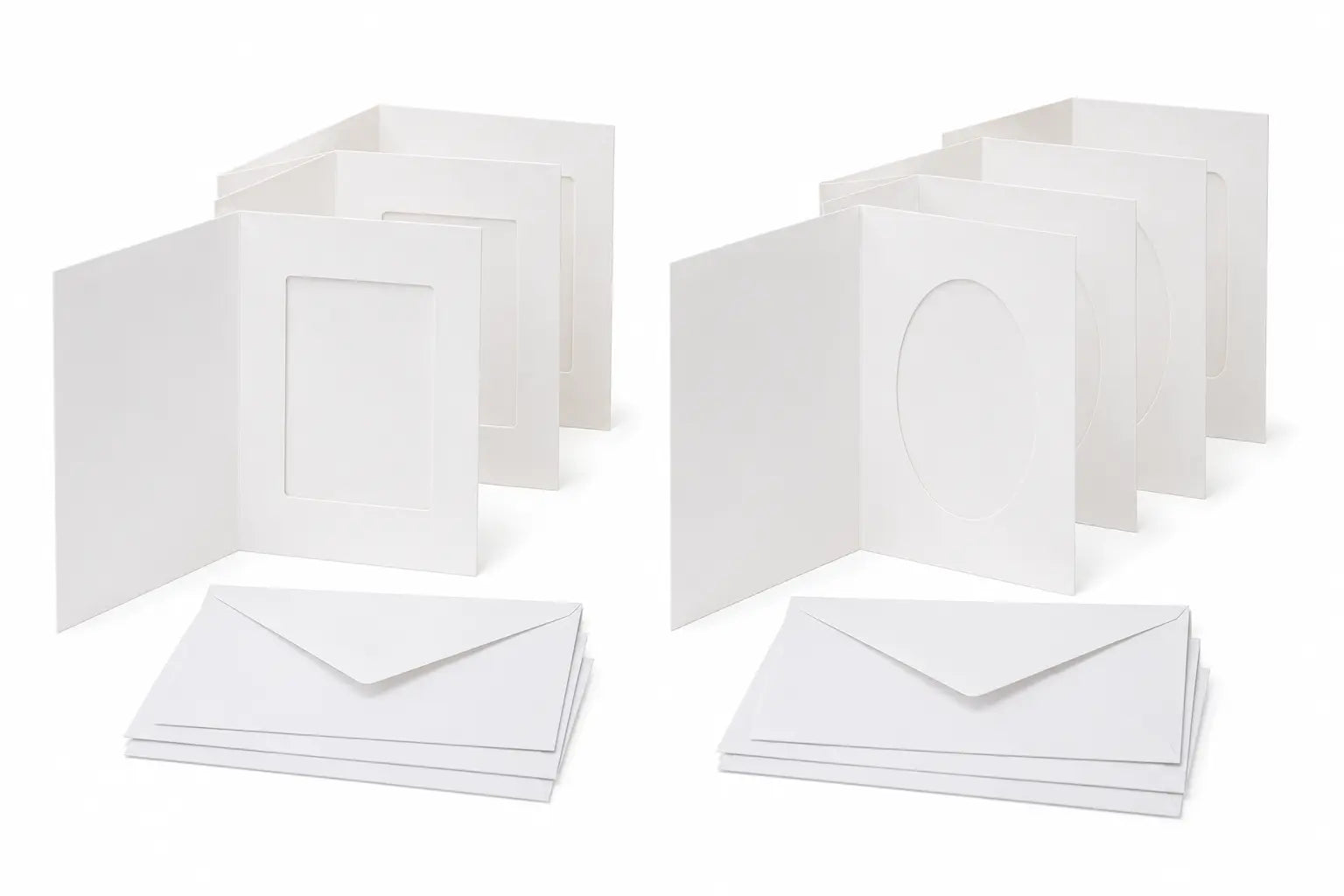 White tri-fold encaustic window cards with oval and rectangular openings and matching envelopes