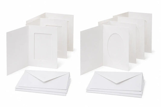 White tri-fold encaustic window cards with oval and rectangular openings and matching envelopes