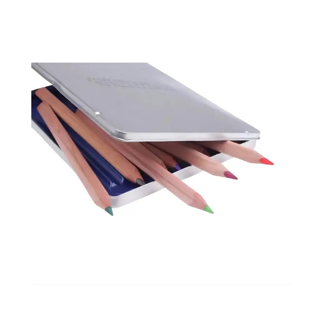 Set of Yorik colored pencils in a metal case on a white background