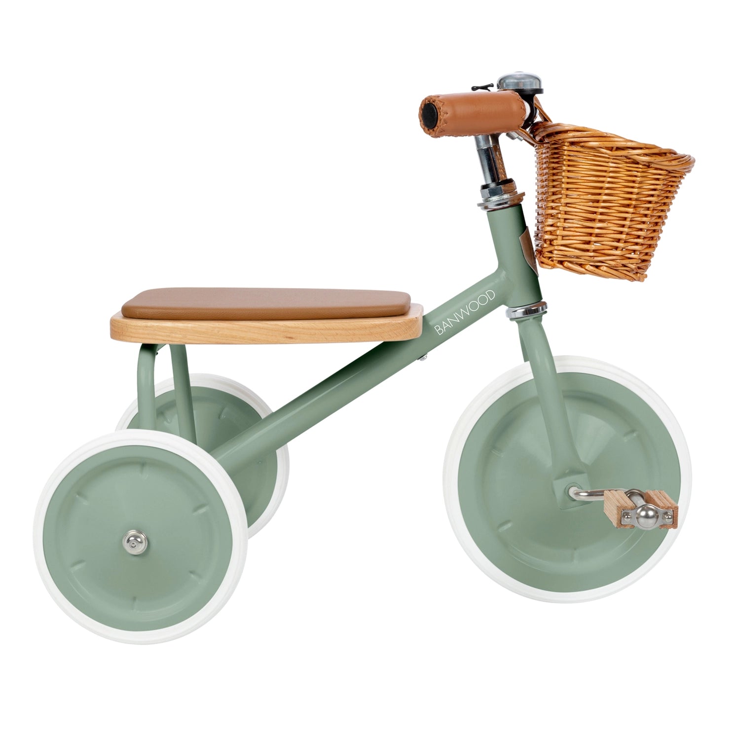 Green tricycle with wooden seat and basket on a white background