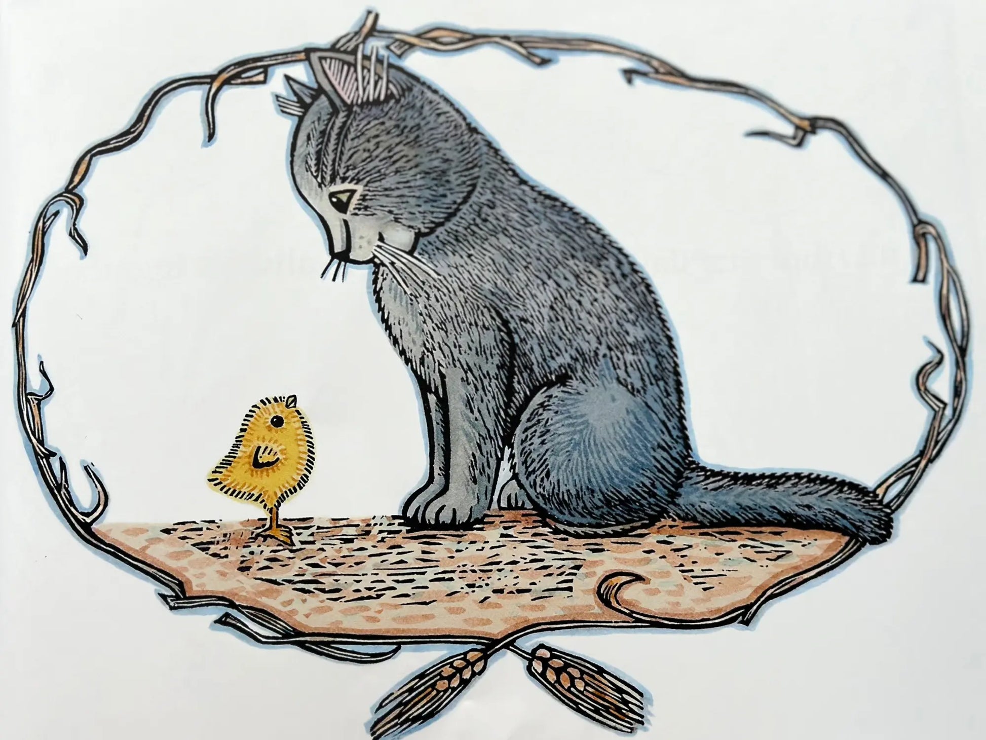 illustration from Trio The Tale of a Three-Legged Cat showing Trio looking down at a newly hatched yellow chick