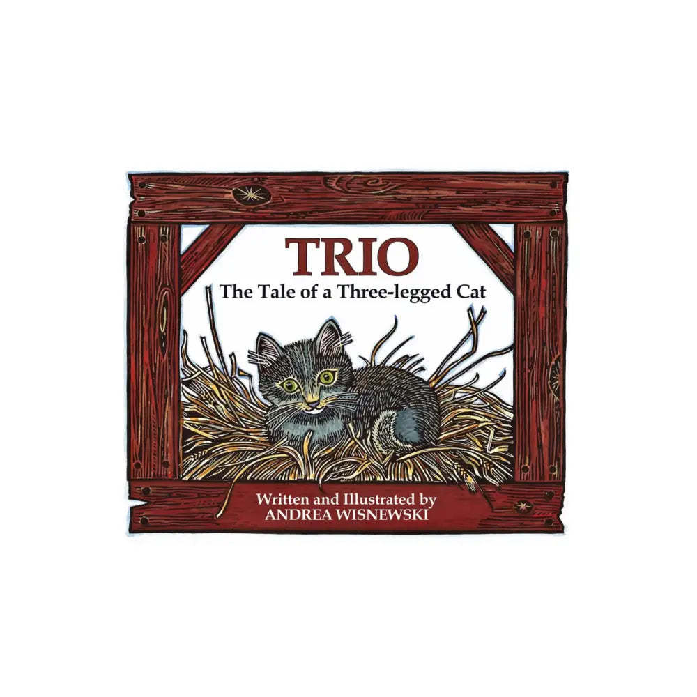 Book cover of 'TRIO: The Tale of a Three-legged Cat' with a cat illustration and wooden frame design.