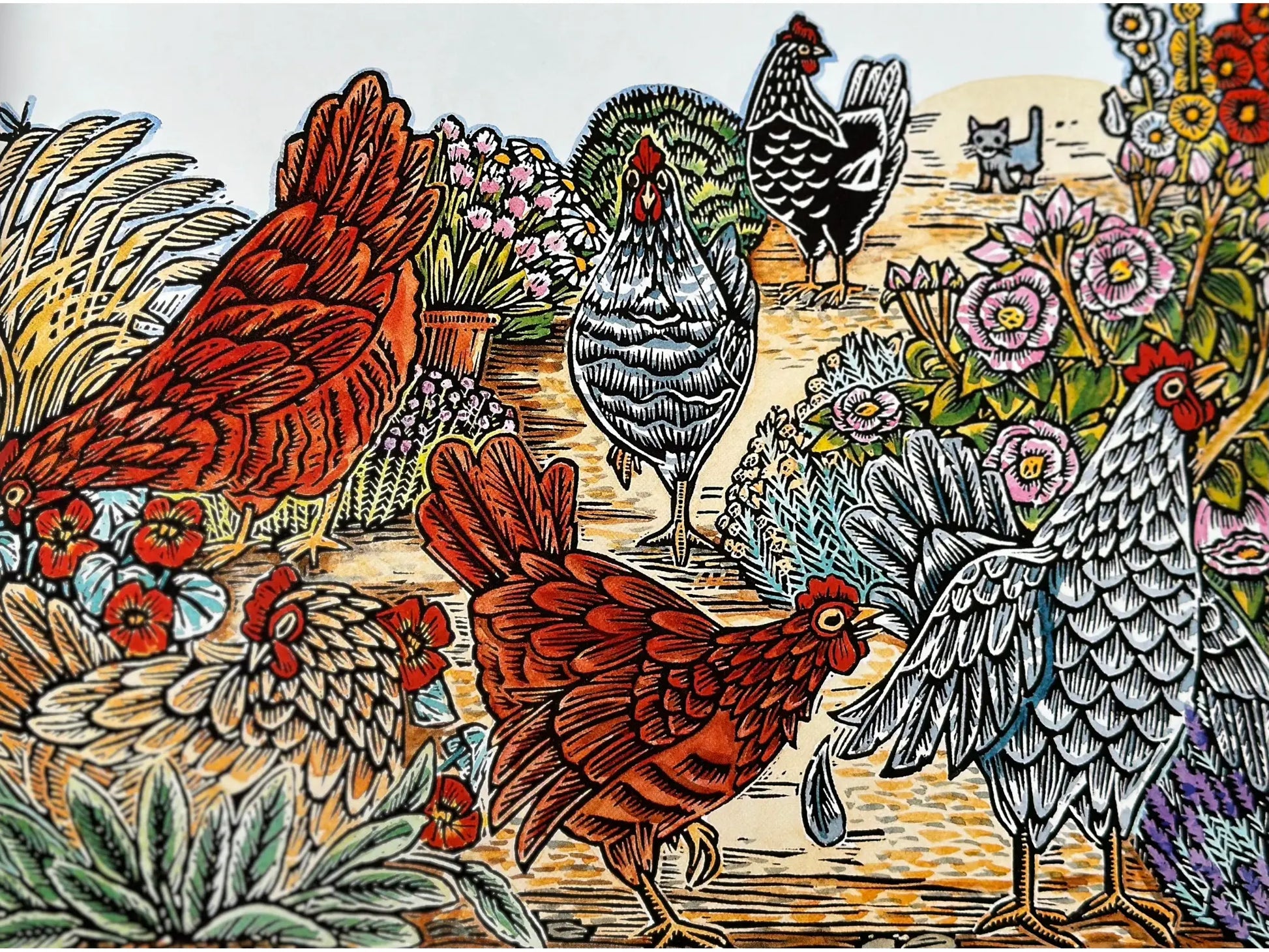 illustration from Trio The Tale of a Three-Legged Cat showing kitten Trio with chickens