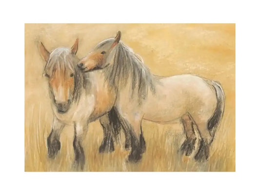 True Belgian Horses postcard by Marjan van Zeyl with two Belgian draft horses in a summer field