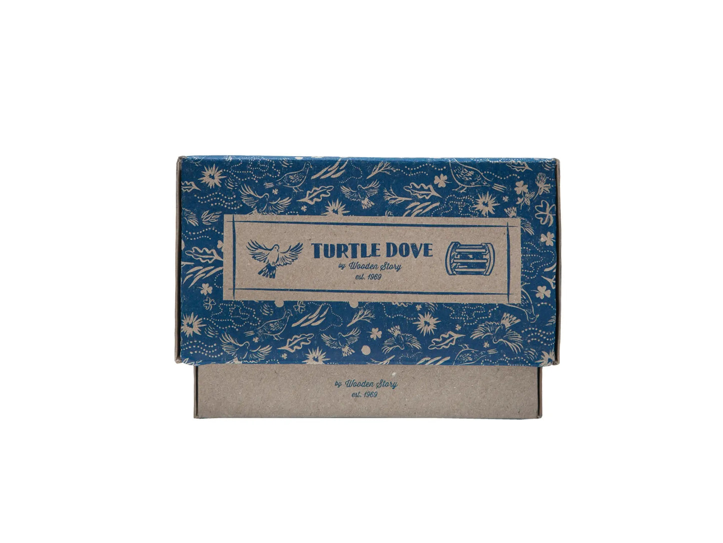 Turtle Dove Wooden Baby Rattle gift packaging front view on a white background