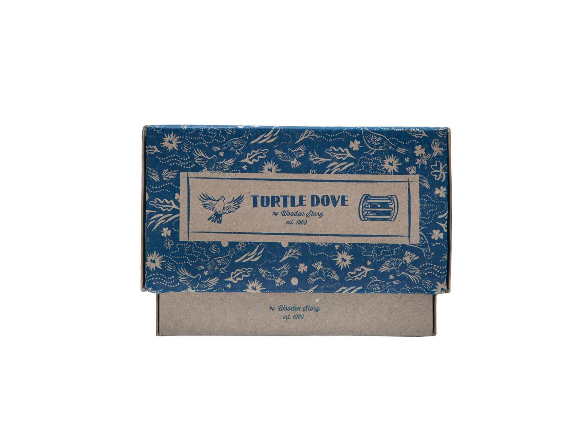 Turtle Dove Wooden Baby Rattle gift packaging front view on a white background