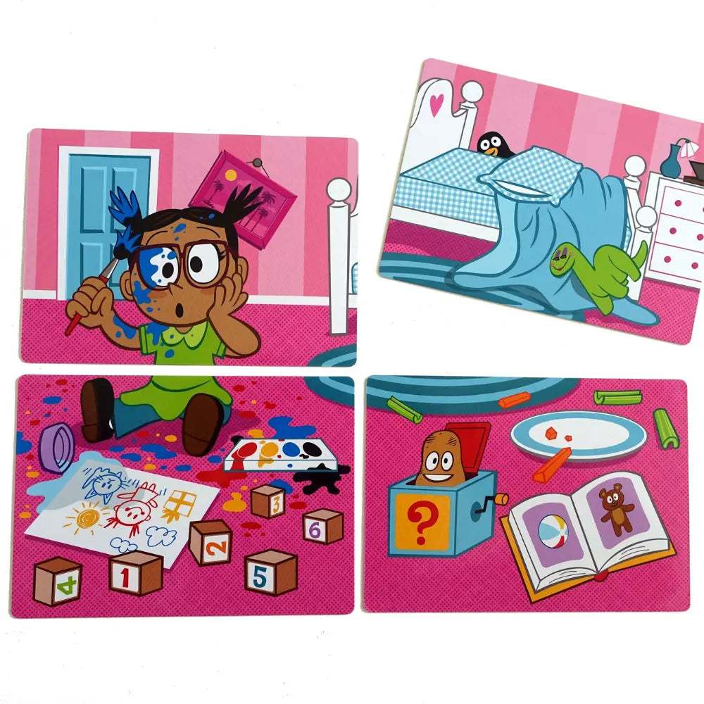 Four colorful children's placemats with cartoon illustrations on a pink background