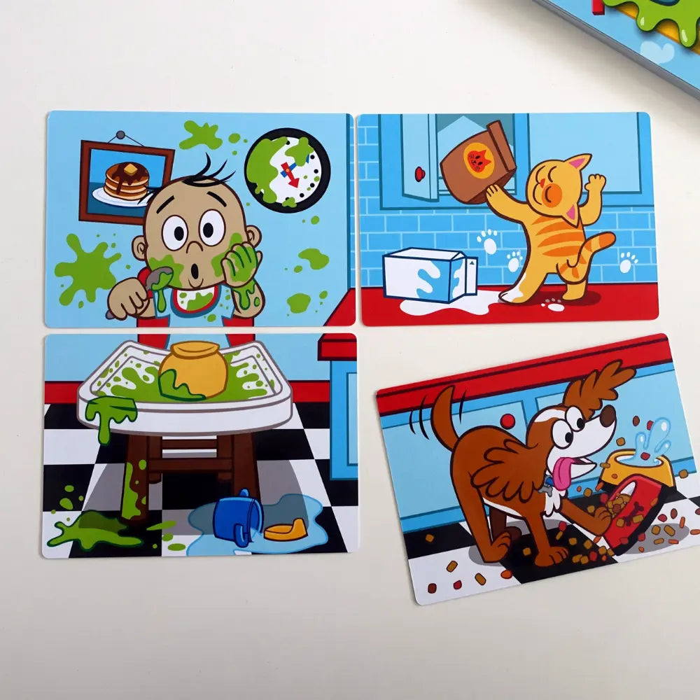 Set of four cartoon-themed placemats with colorful illustrations on a white surface.