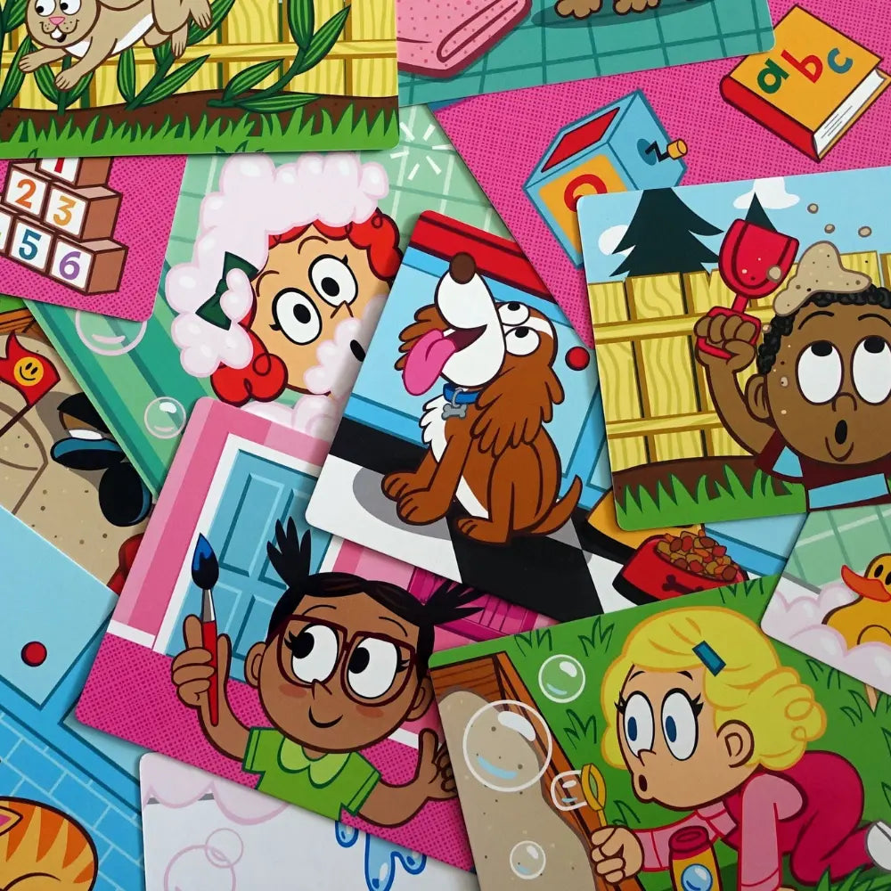 Collage of colorful children's illustrations featuring cartoon characters and scenes.