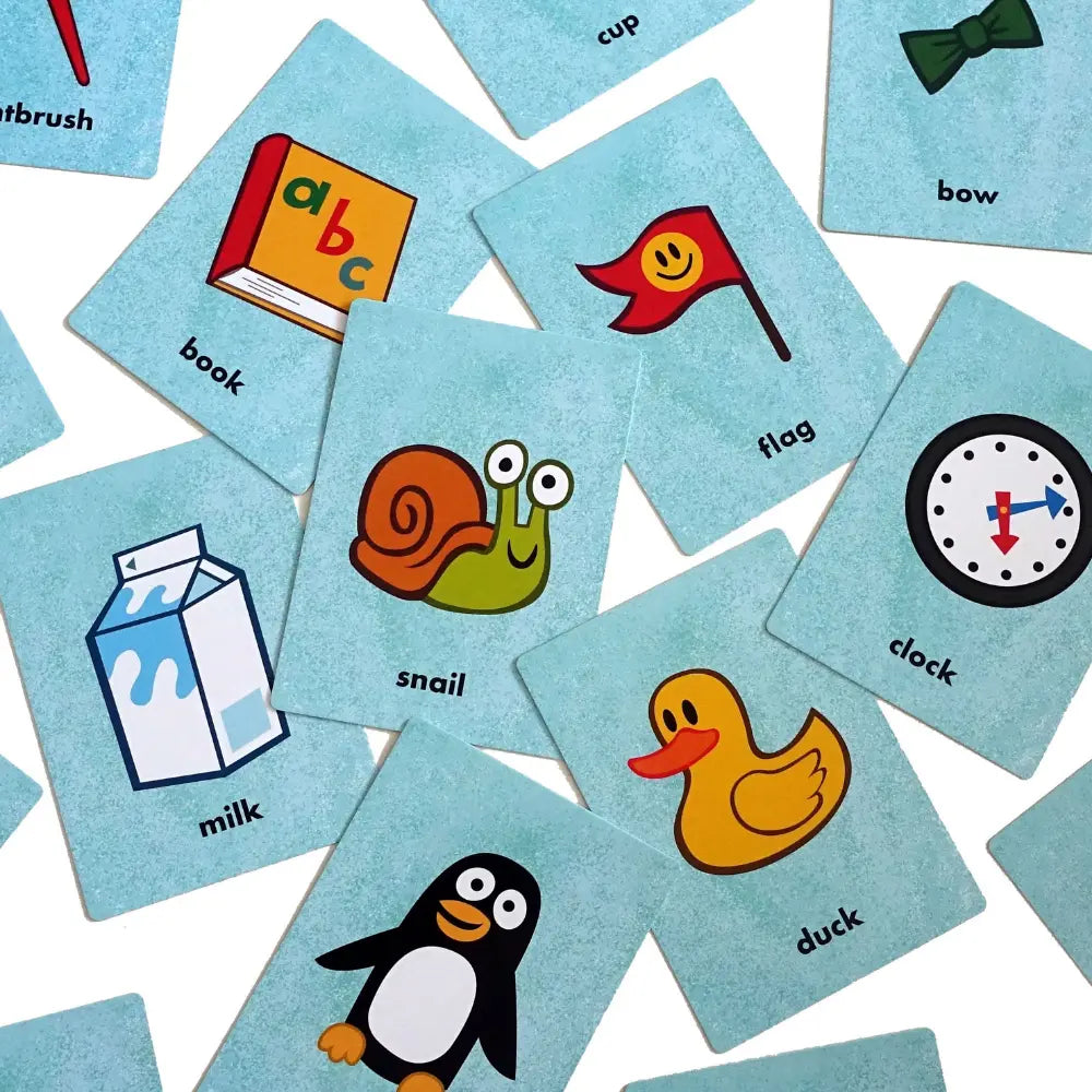 Educational flashcards with illustrations and words on a white background