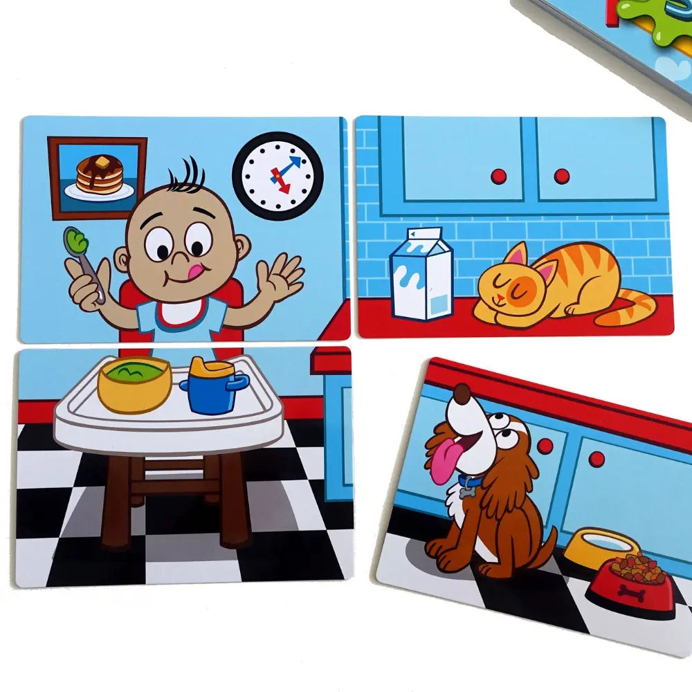 Children's puzzle with cartoon characters in a kitchen setting
