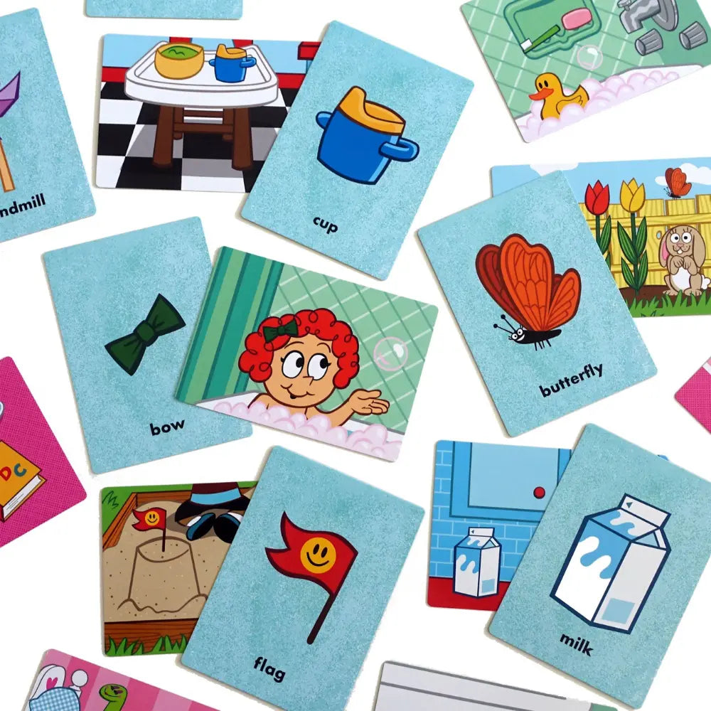 Collection of educational flashcards with various illustrations on a white background