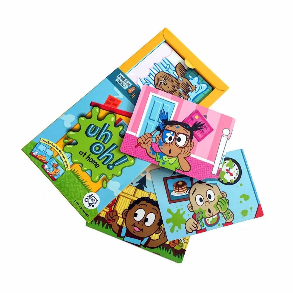 Children's first game with colorful covers and cartoon characters on a white background