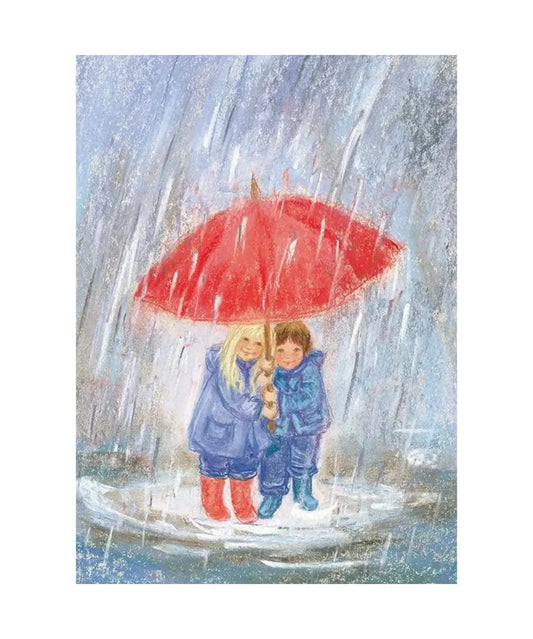 Two children in blue rain gear under a red umbrella in the falling rain