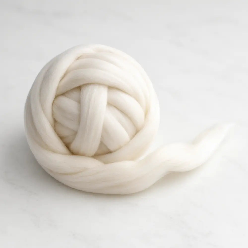 Undyed Merino wool combed top fiber rolled up into a ball