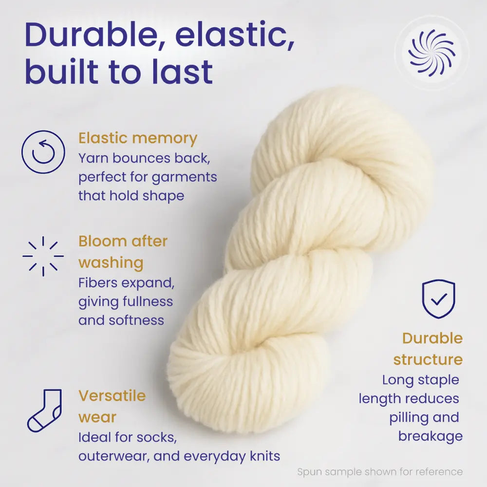 Rambouillet Wool Combed Top spun yarn bundle with text about bloom and memory