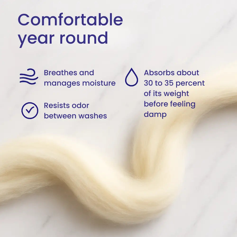 Text detailing fabric properties with a close-up of blonde hair on a white background
