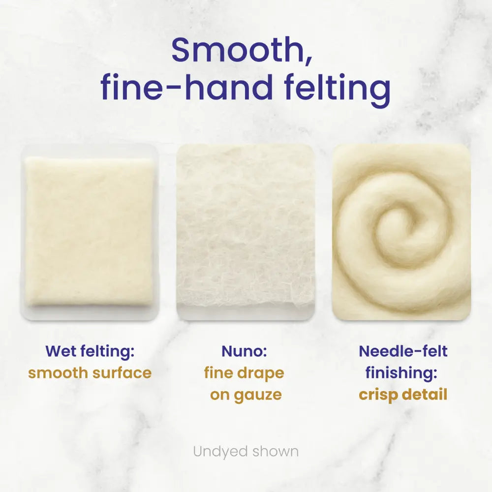 Three samples of felted fabric with text describing different felting techniques on a marble background.