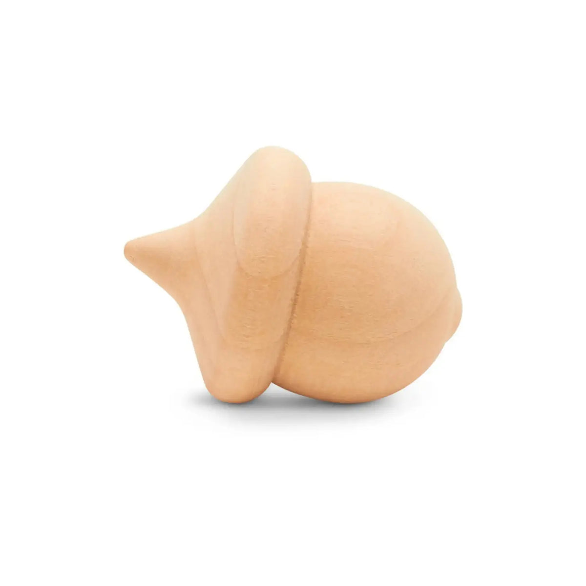Side view of a smooth, unfinished birch wooden acorn