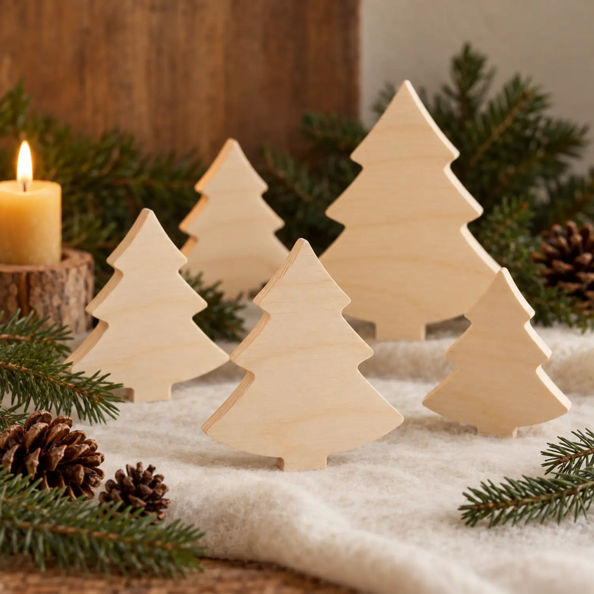 Unfinished birch wood evergreen tree for winter crafts and seasonal nature table scene with pinecones