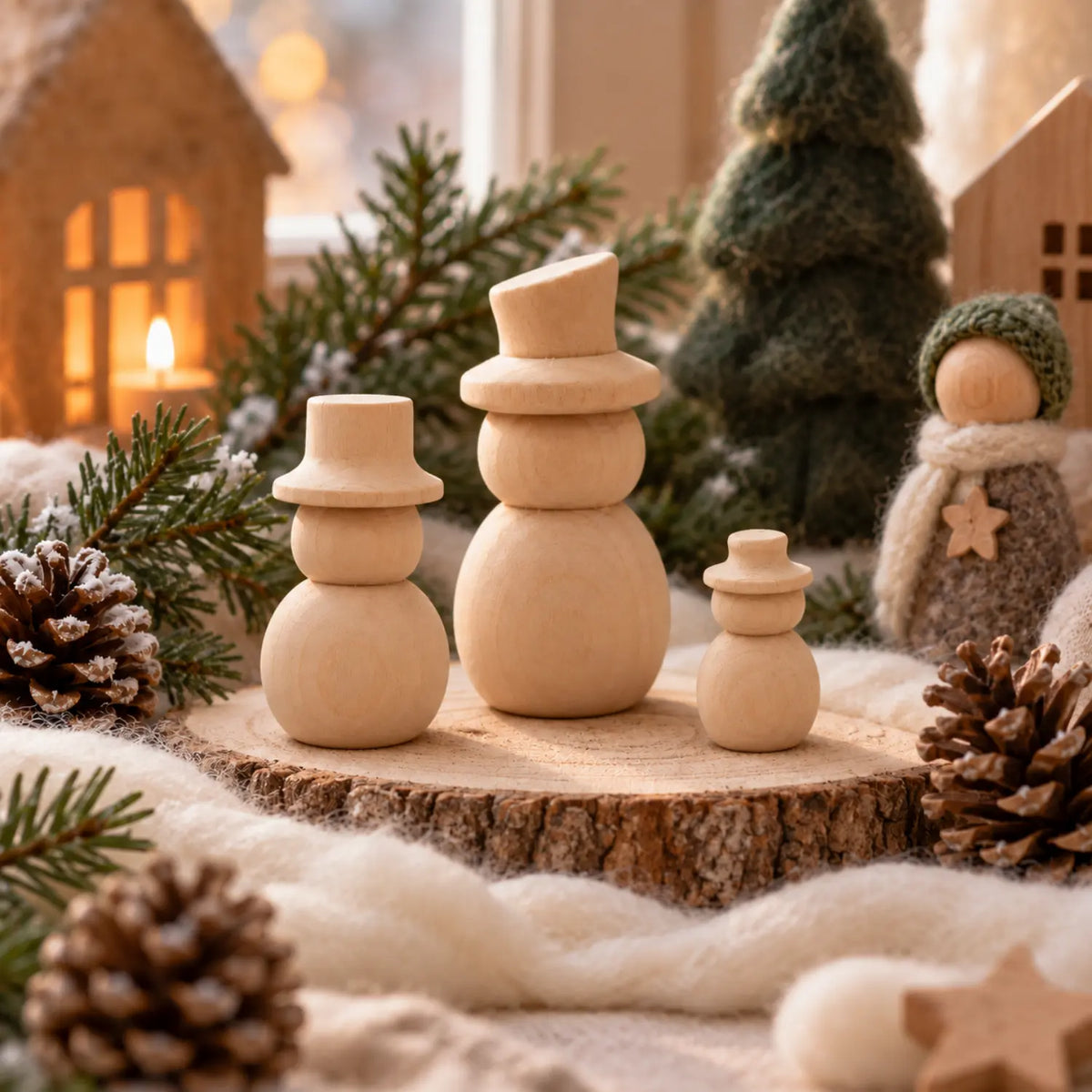 Three unfinished wooden snowmen in different sizes arranged on a Waldorf-inspired winter seasonal table