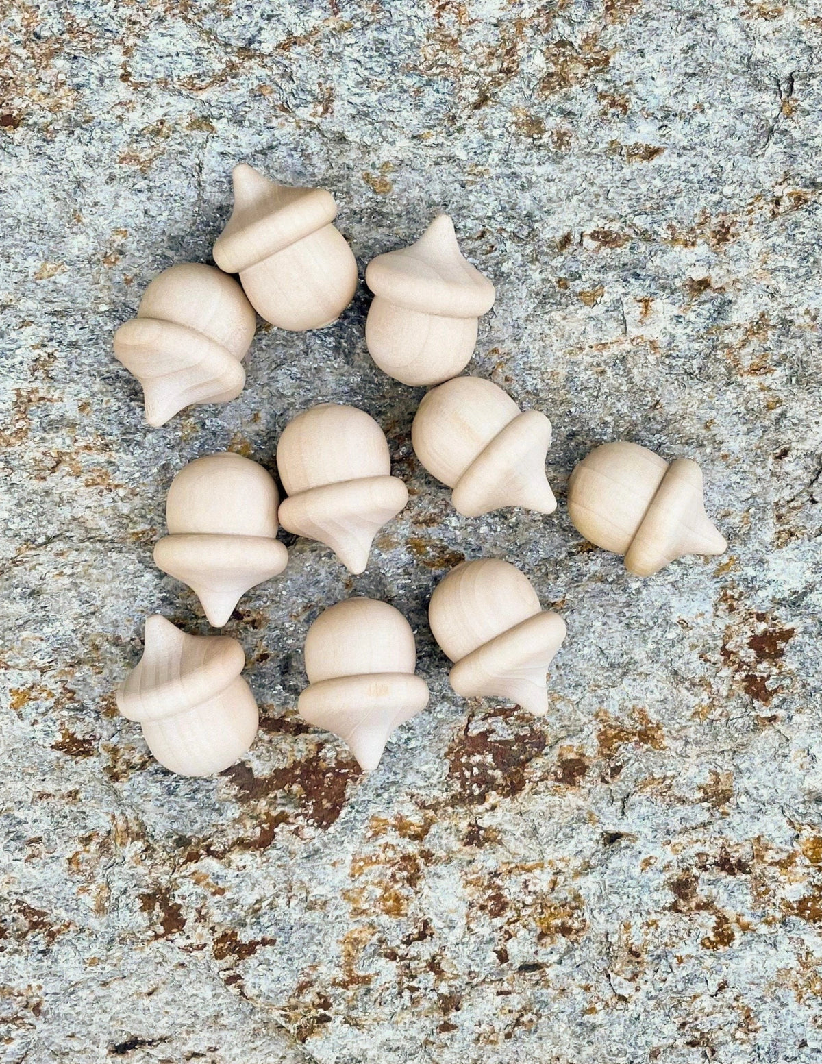 Unfinished birch acorns arranged on a natural textured surface
