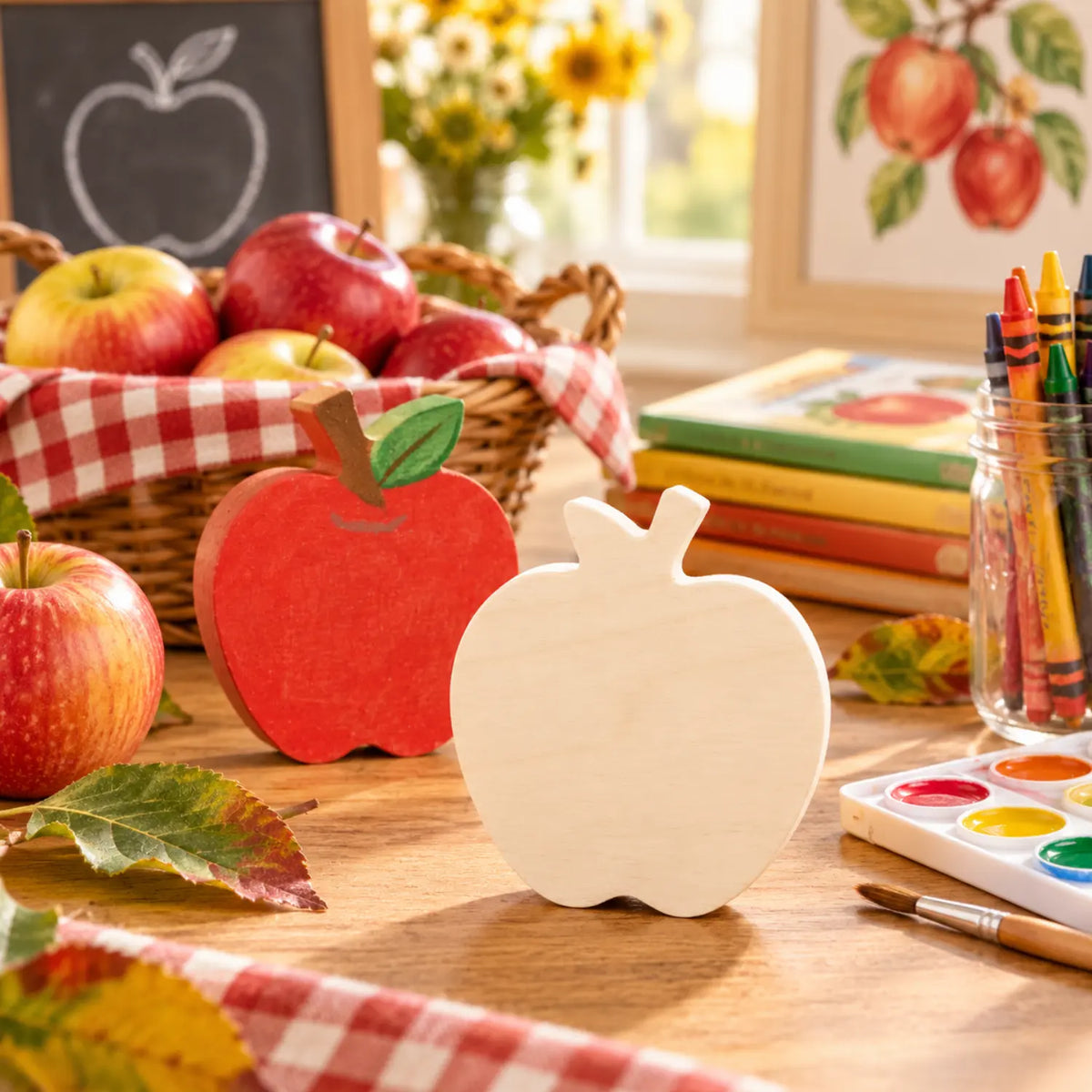 Unfinished wooden apple craft blank displayed in a September apple-themed preschool learning scene