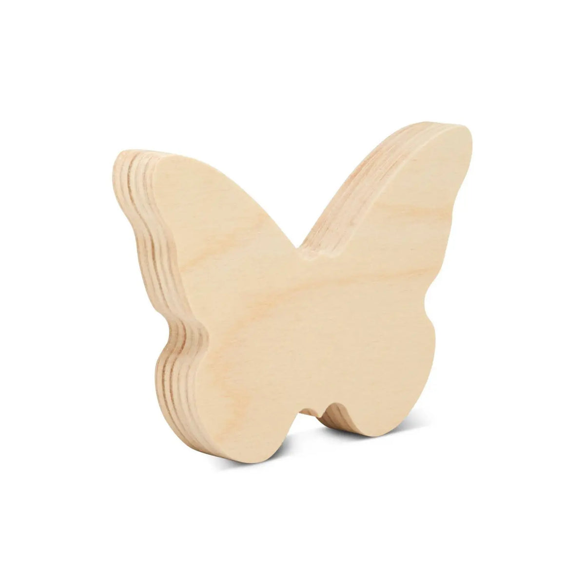 Angled view of unfinished birch wood butterfly showing its half-inch freestanding thickness