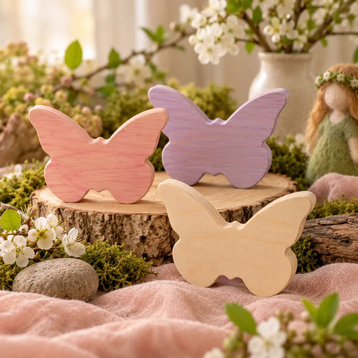 Decorated wooden butterflies shown as inspiration for spring and seasonal craft projects