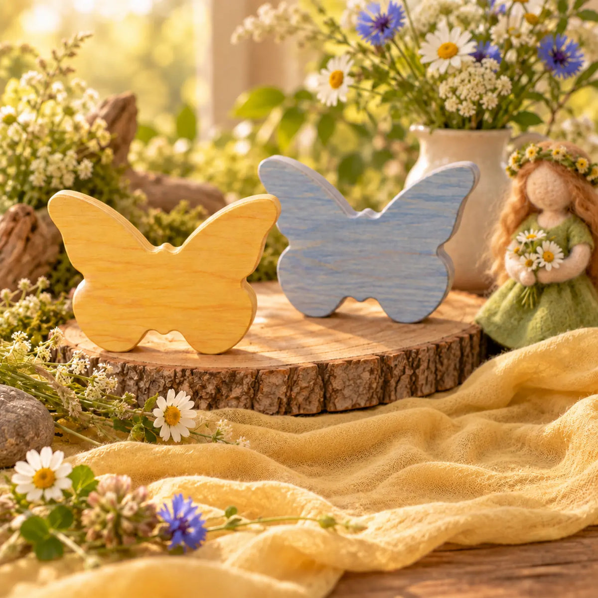 Decorated wooden butterflies shown as inspiration for summer and seasonal craft projects