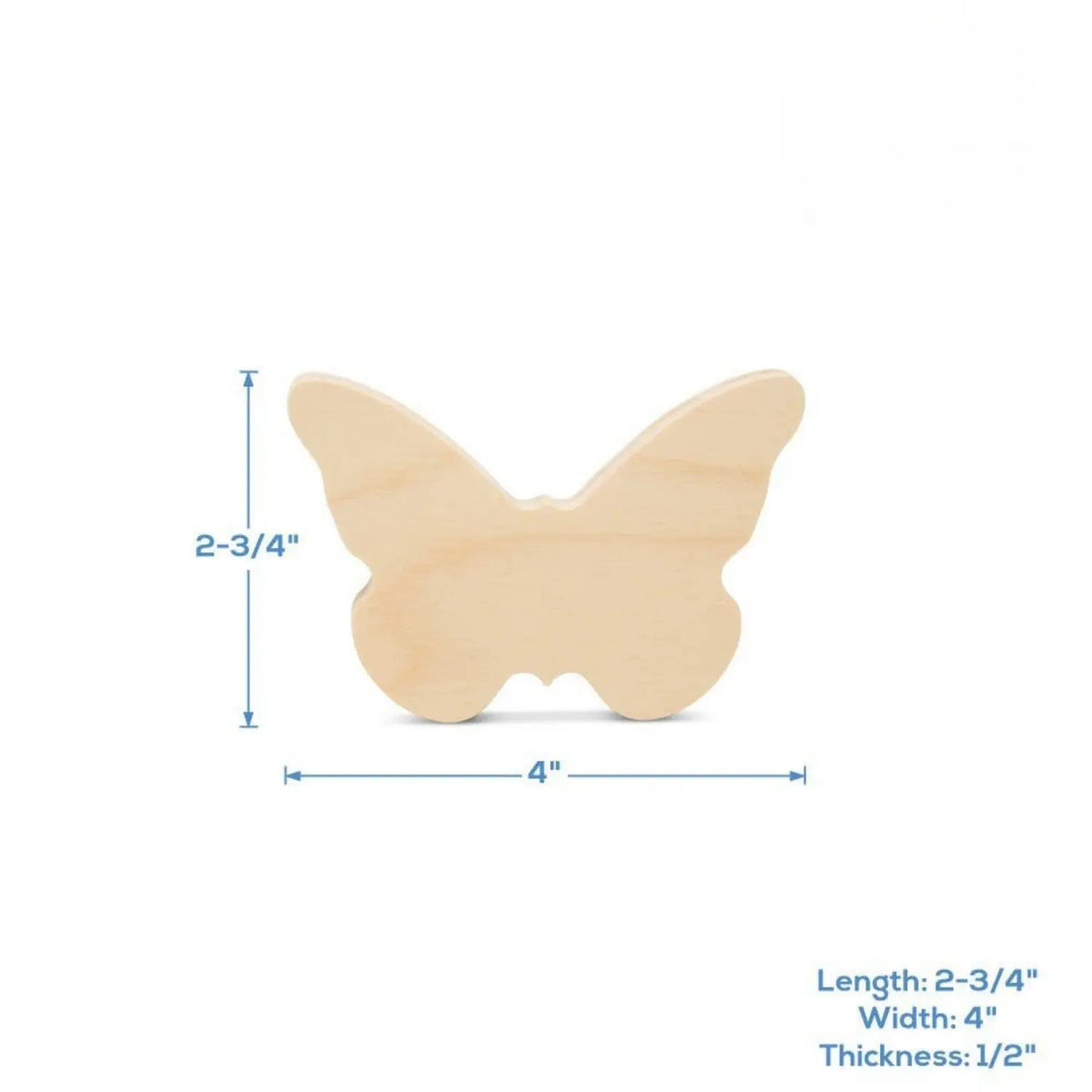 Unfinished wooden butterfly measuring 4 inches wide by 2.75 inches high and 0.5 inch thick