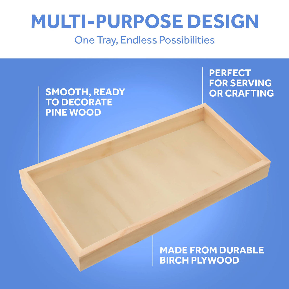 Unfinished birch plywood craft frame tray with smooth surface and raised edges for painting, wood burning, decoupage, and displays.